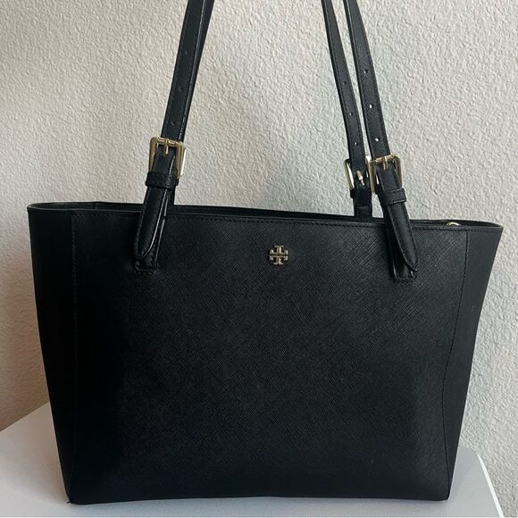 TORY BURCH Black Emerson Saffiano Leather Laptop Work Tote Shoulder Bag Marion - Picture 1 of 13